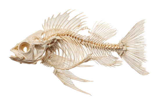 Detailed side view of fish skeleton anatomy on black background