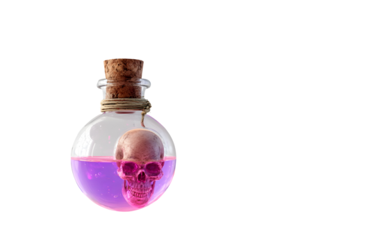 Glass potion bottle with skull and pink liquid on black background