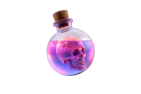 Glowing purple potion bottle with floating skull