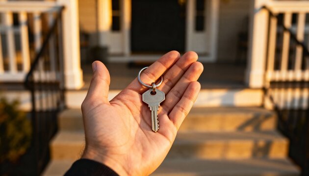 Close-up shot of a hand holding a house key on a keyring, framed against a blurred residential porch bathed in golden sunlight.