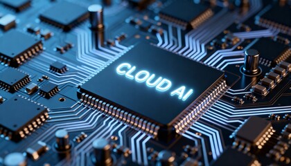 Cloud AI concept depicted on a dark printed circuit board, featuring a glowing processor and blue illuminated digital traces, representing high-tech data processing.