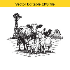 Farm animals including a cow, pig, goat, and rooster with a windmill and barn in the background, black and white illustration