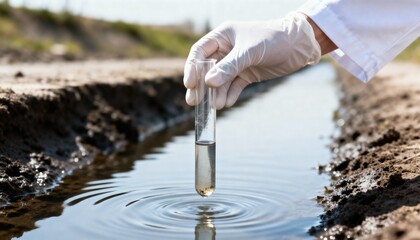 Scientist in white glove taking a water sample using a test tube from a muddy outdoor stream or canal.