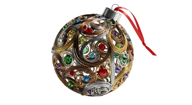 Ornate oval shaped christmas ornament with intricate colorful patterns isolated on transparent background