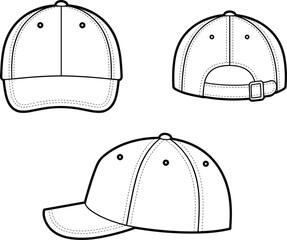 Baseball cap technical flat sketch, fashion accessory design vector, apparel construction drawing, headwear pattern illustration, cad drawing flat vector illustration