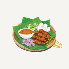 Vector illustration of Malaysia famous food, Satay or Sate served on banana leaves and bamboo plate.  Beef skewer. Onion, cucumber, rice cake and satay sauce