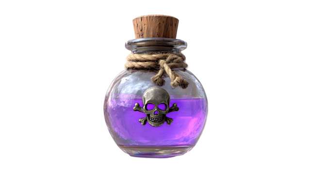 Glass potion bottle with skull and crossbones, purple liquid, cork and rope design