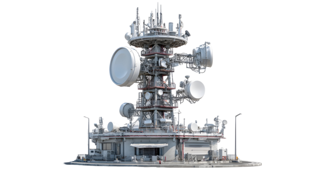 Futuristic communication tower with advanced satellite dishes and antennas