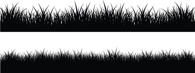 Black grass silhouette border set vector illustration, realistic nature and field graphic element for landscaping design, spring banners, or decorative lawn illustration isolated on white background.