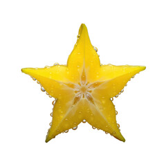 Fototapeta premium Vibrant yellow starfruit slice, cut precisely in half, translucent dewy flesh, glistening juice droplets on waxy skin, isolated on clean transparent background, extreme macro, concept of inviting