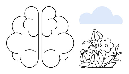 Abstract brain beside blooming flowers and a cloud, symbolizing creativity, growth, and mindfulness. Ideal for wellness, psychology, environment, innovation, health mental growth sustainable