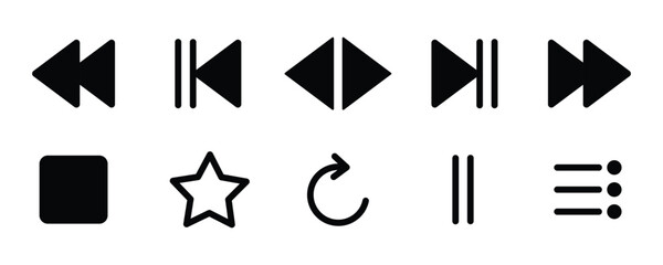 Play icon set. play, pause, stop, record, rewind and forward vector illustration. Interface playback UI sign.