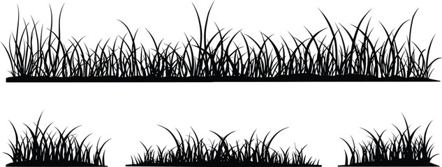 Fototapeta premium Black silhouette grass patches and meadow border, natural vegetation blades design, decorative landscape elements isolated vector illustration for artwork