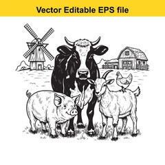 Farm animals including a cow, pig, goat, and chicken in front of a barn and windmill, vector illustration