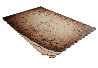 Extremely aged vintage postcard with scalloped edge, deep sepia tones, extensive foxing, torn corner, rough texture, on a transparent background. Passage of time concept