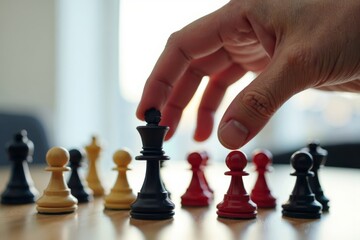 Close-up of hand guarding colorful pawns arranged in a circle on white surface.