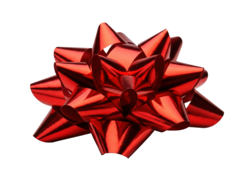 Scarlet red metallic gift bow unfurling starburst, sharp folds, crinkled texture, low-angle macro, transparent, studio lighting, high contrast, concept of luxurious celebration