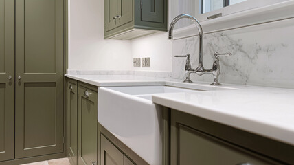 Modern kitchen interior featuring olive green cabinets, white marble backsplash, classic farmhouse sink, and polished chrome faucet
