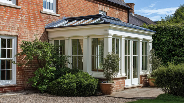 Elegant orangery extension adding natural light and living space to a traditional red brick house exterior