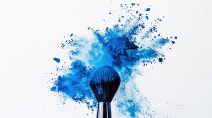 A blue makeup brush with a burst of blue powder on a white background. The brush is sleek and metallic, emphasizing beauty and cosmetics.