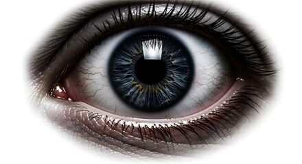 A close up of a human eye with blue iris and long eyelashes on a white background in high definition ai generated
