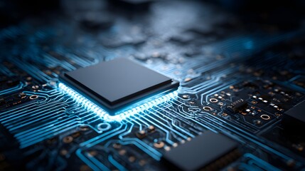 Glowing digital circuits illuminate a complex electronic microchip in a dark setting