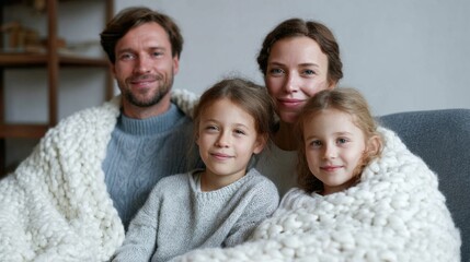 Fototapeta premium A cozy European family snuggles under a chunky blanket, evoking Hygge warmth and harmonizing with International Day of Families