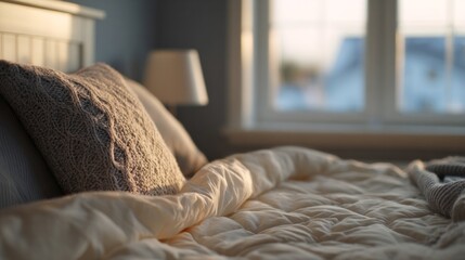 Cozy morning sunlight graces rumpled bed linens, whispering hygge serenity, ideal for World Sleep Day or dreamy staycations