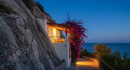Exterior of a house built into a cliffside with bougainvillea and ocean view. Represents peaceful retreat, nature integration, coastal dwelling