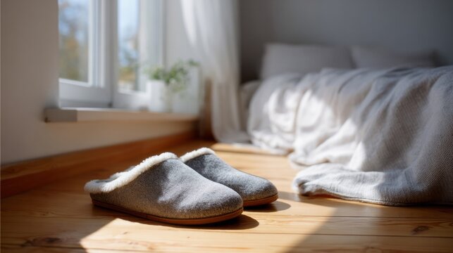 Cozy slippers bask in morning light, whispering hygge dreams, perfect for Quiet Day observance and slow-living aficionados