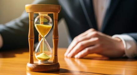 Businessman watching a classic wooden hourglass on a desk.