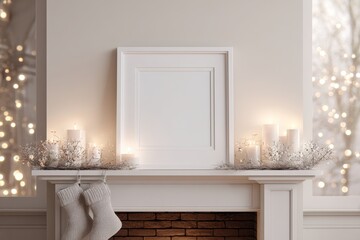Cozy minimalist living room decorated for Christmas with neutral tones, empty white frame mockup above mantel and warm glowing light for winter holiday design background