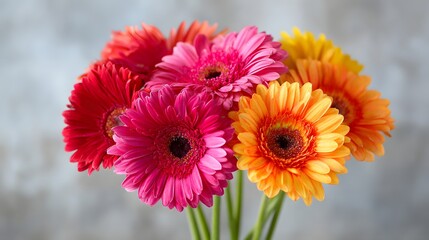 Vibrant bouquet of multicolored daisy flowers displays richly saturated petals against a soft, neutral background