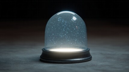 Glistening glass dome entraps stardust whispers, evoking cosmic dreams, serenity of starlit nights, Winter Solstice, magic encapsulation