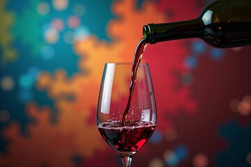 Macro Shot of Artistic Wine Pouring into Glass with Vibrant Abstract Background