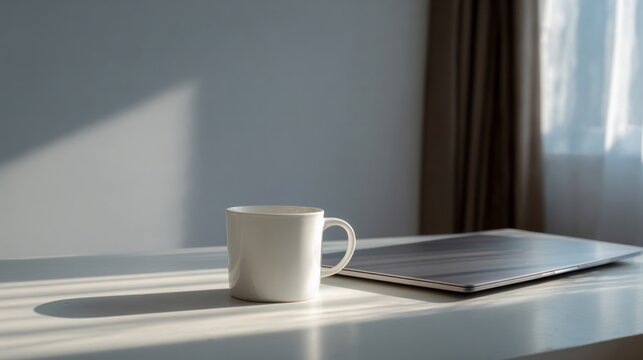 Cozy sunlight dances on a solitary mug beside a closed laptop, echoing tranquility in Solitude Day morning routine