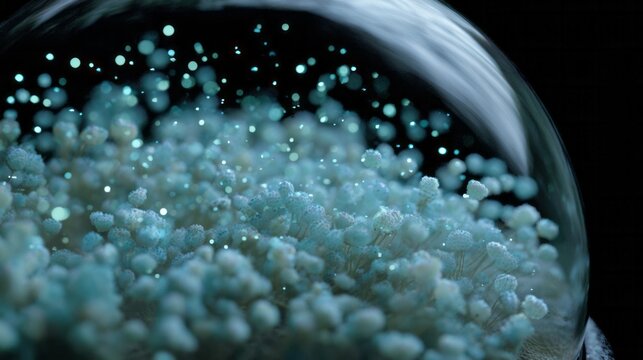 Ethereal blue microcosm under glass dome, perfect for Cosmic Noodle Day, evoking dreamy starry nights and miniature landscapes