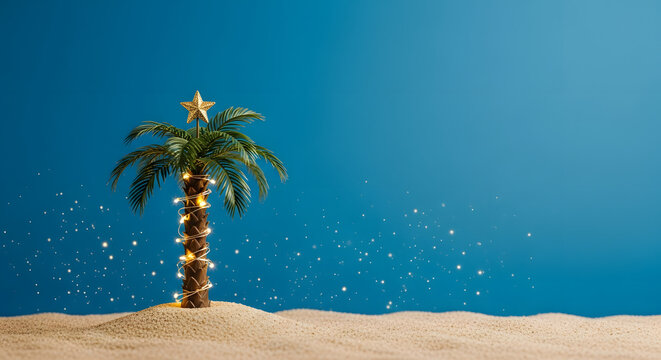 Christmas tree decoration on sandy beach with blue background  