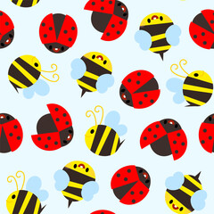 Children's seamless pattern with ladybugs and bees