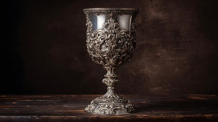 Ornate antique metal goblet rests upon a dark wooden surface against a textured background