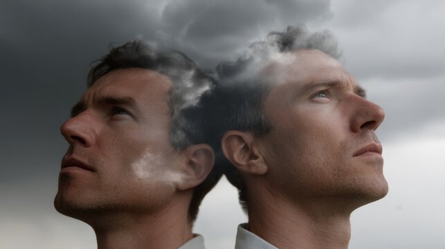 Dreamy introspection envelops two Caucasian males with storm-cloud imaginings, evoking World Creativity Day and Epiphany insights