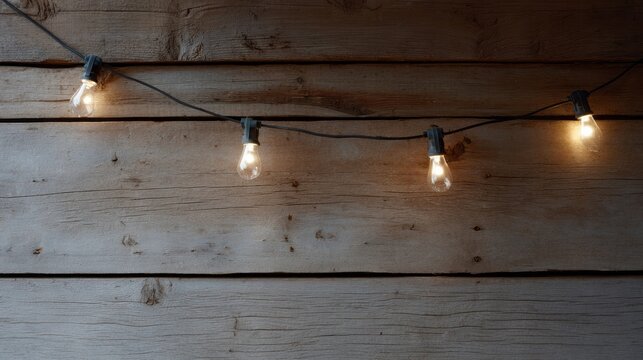String lights glow softly against rustic wooden planks, reminiscent of Hygge nights and Mabon celebrations in cozy tranquility