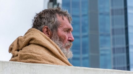 Grizzled Caucasian man in burlap cloak, urban vigil interlude, reflections of St Brigid's Day, fleeting city whispers