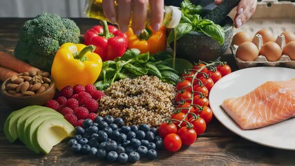 Fresh ingredients and healthy options displayed in a vibrant setting, capturing the concept of wholesome eating and emphasizing the importance of nutritious food choices for a balanced lifestyle.