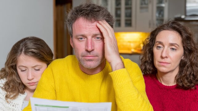 A Caucasian family in vibrant sweaters contemplate tax-time woes, exuding melancholy amidst National Stress Awareness Days latent tension