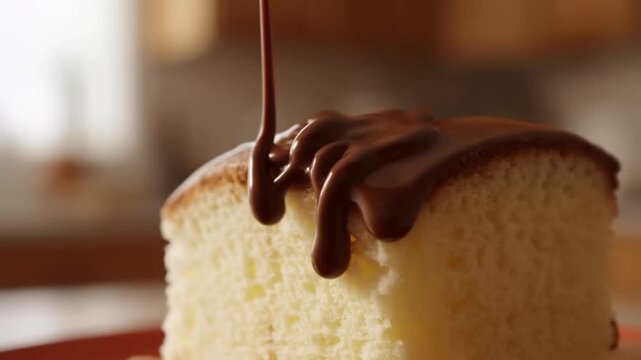 chocolate sauce dripping slowly over a soft sponge cake
