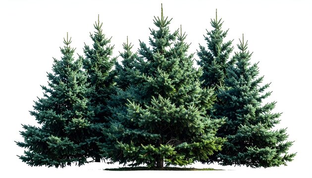 Isolated evergreen trees with lush, blue-green needles against a white background