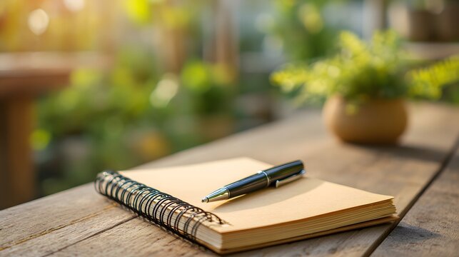 Spiral bound notebook and metal pen rest on rustic wooden surface outdoors with soft natural lighting