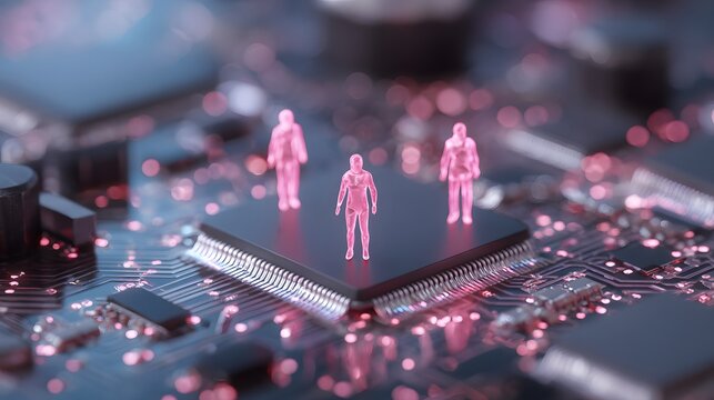 Translucent human silhouettes stand atop a central processing component within an illuminated electronic circuit board