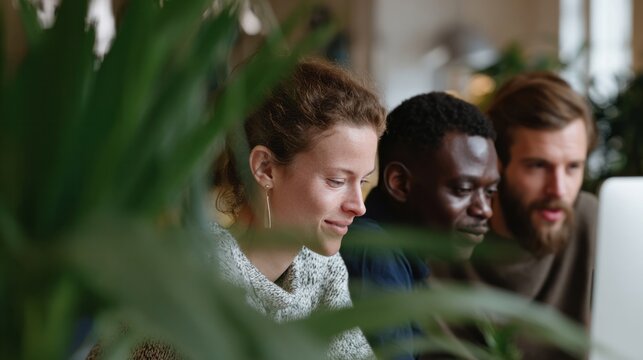Cozy brainstorming in leafy sanctuary, diverse team synergy, innovative ideations; celebrate World Creativity Day or Global Diversity Awareness Month